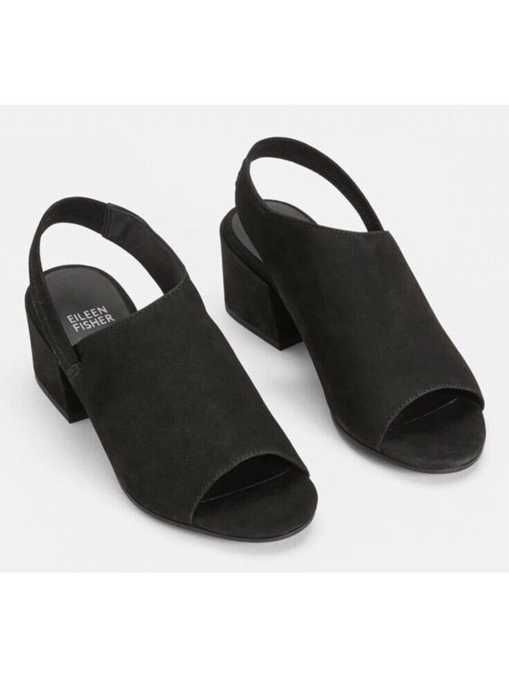 Eileen Fisher Leigh Nubuck Slingback Chunky Heel Sandal Black 7.5M Women $235